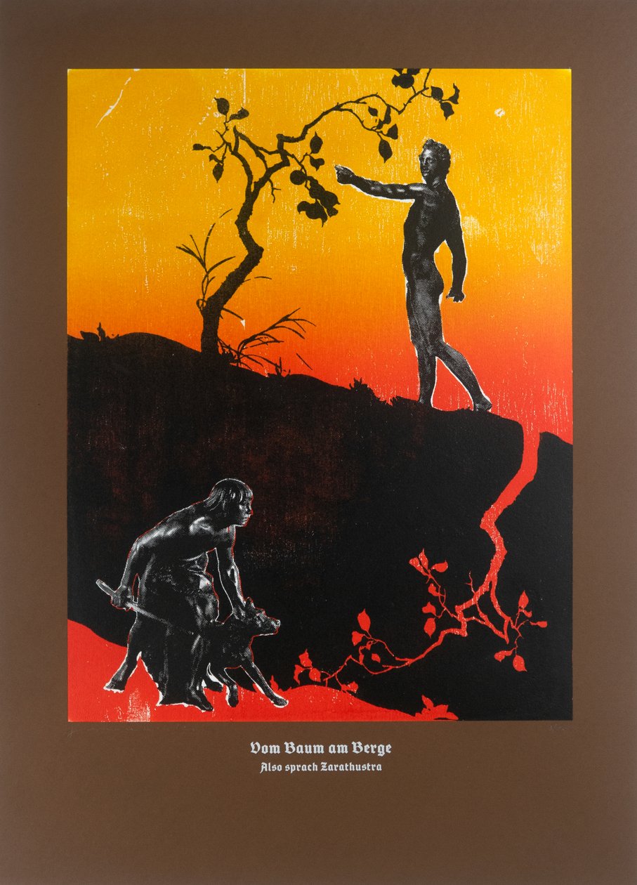 En el árbol de la montaña, Así habló Zaratustra, 2023 (xilografía y serigrafía) de Guilherme Pontes