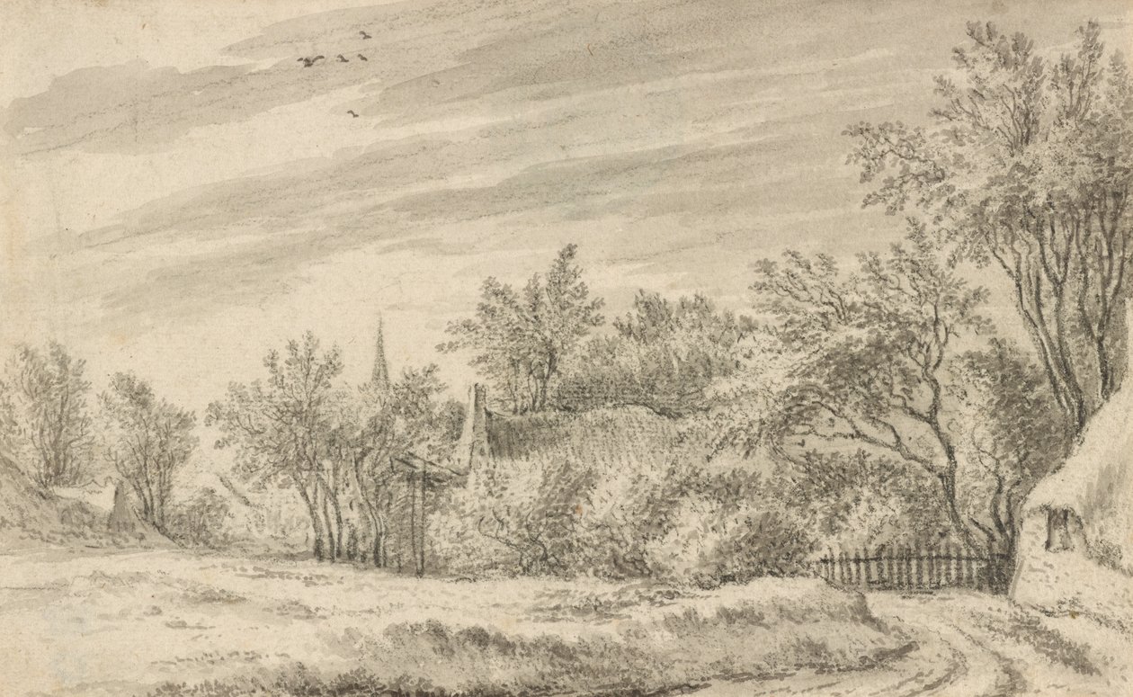 Camino del pueblo con la aguja de la iglesia a lo lejos de Guillam Dubois