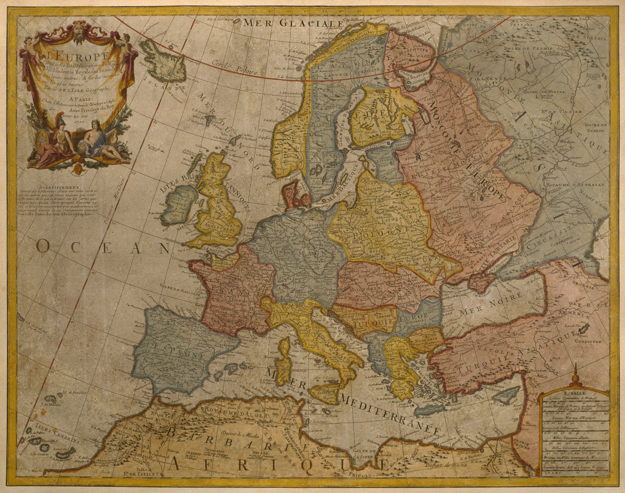 Mapa de Europa, publicado en 1700, París de Guillaume Delisle