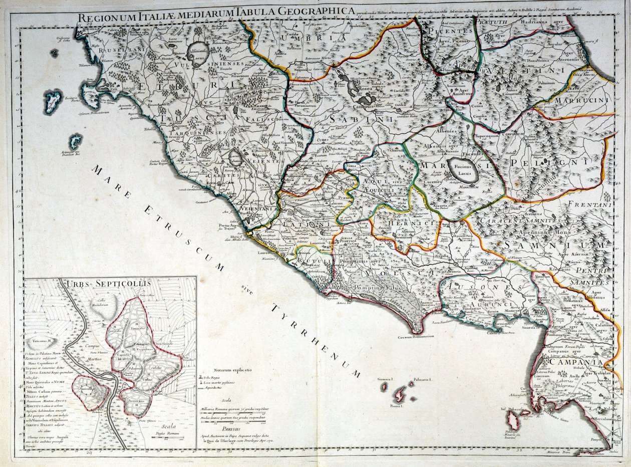 Mapa histórico de la región italiana donde vivieron los etruscos después del Atlas de G. Delysle de Guillaume (after) Delisle