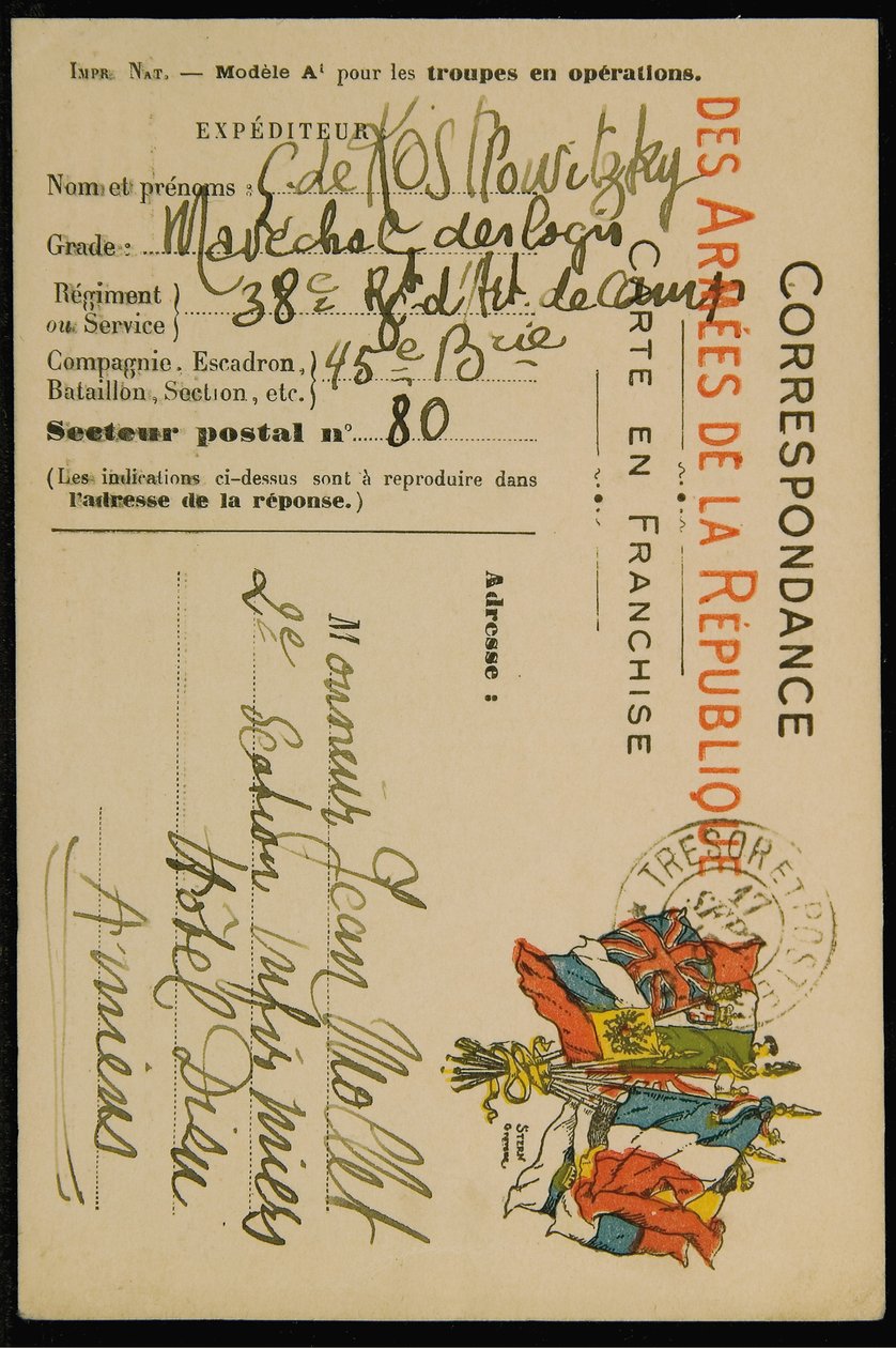 Tarjeta postal autógrafa a Jean Mollet, fechada el 16 de septiembre de 1915 de Guillaume Apollinaire