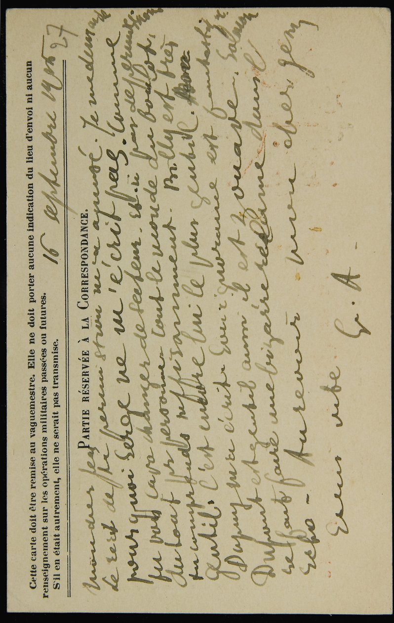 Tarjeta postal autógrafa a Jean Mollet, 16 de septiembre de 1915 de Guillaume Apollinaire
