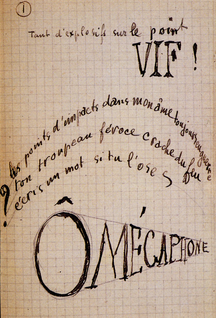 Caligrama por Guillaume Apollinaire - en "Du coton dans les oreilles", manuscrito autógrafo de 17 hojas de Guillaume Apollinaire