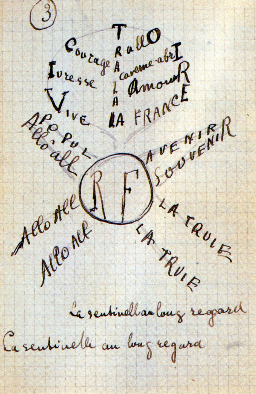Caligrama de Guillaume Apollinaire - en “Du coton dans les oreilles”, manuscrito autógrafo de 17 hojas de Guillaume Apollinaire