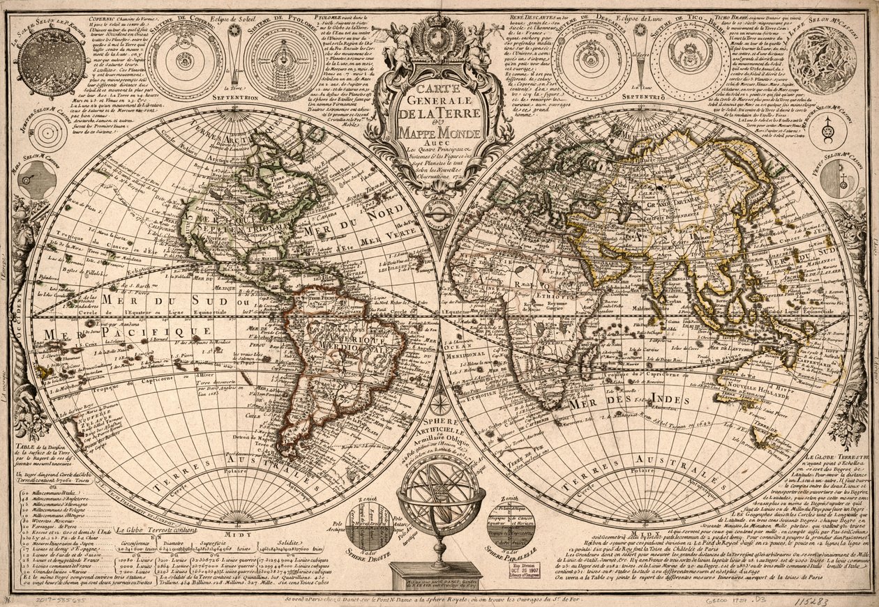 Carte generale de la terre - ou mappe monde auec les quatre principau  sistemes  les figures des sept planetes le tout selon les nouvelles obseruations. LOC 2017585685 de Guillaume Danet