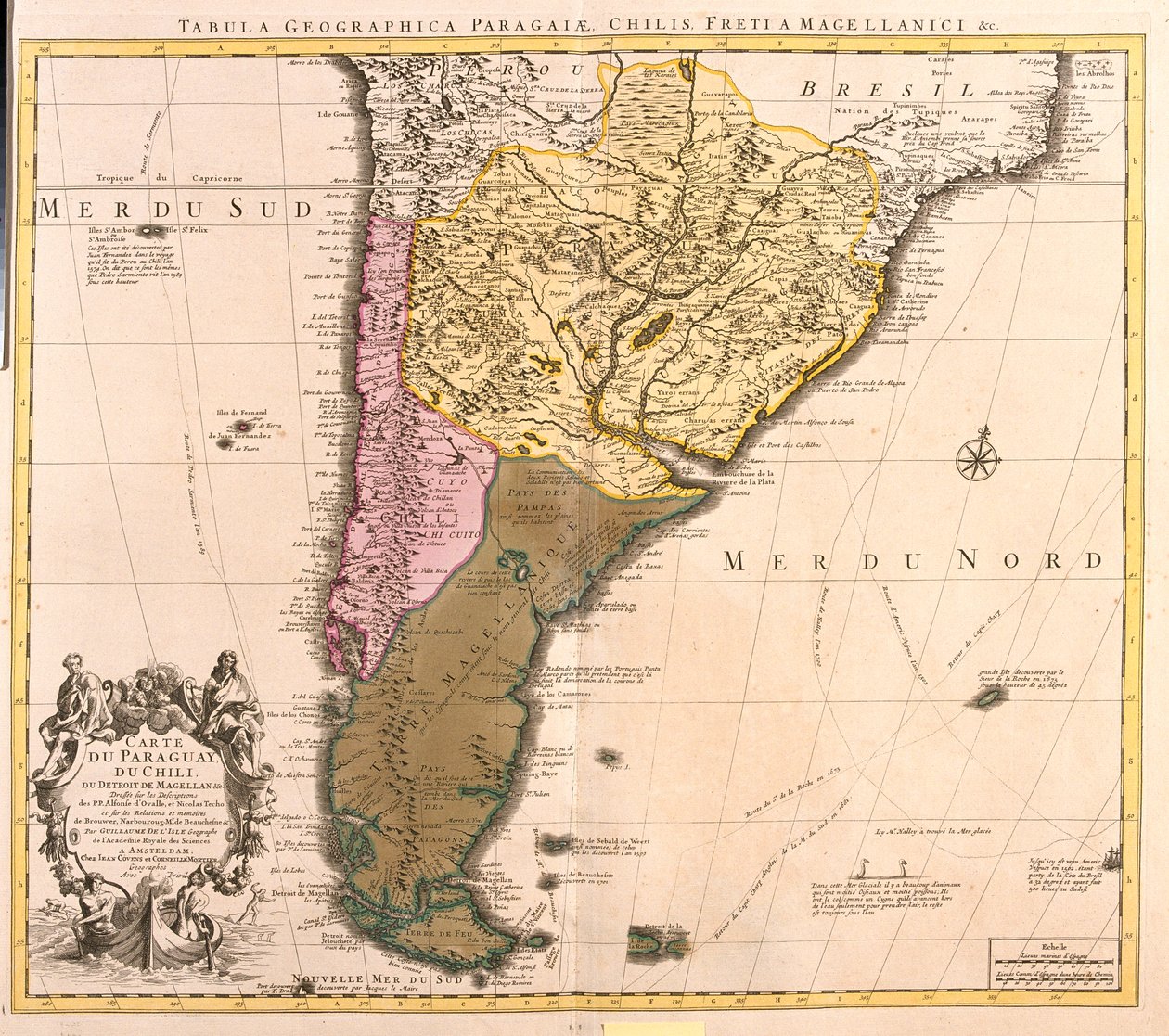 Chile (excepto el norte), Argentina, Paraguay, Uruguay, sudeste de Brasil, Islas Malvinas de Guillaume Delisle