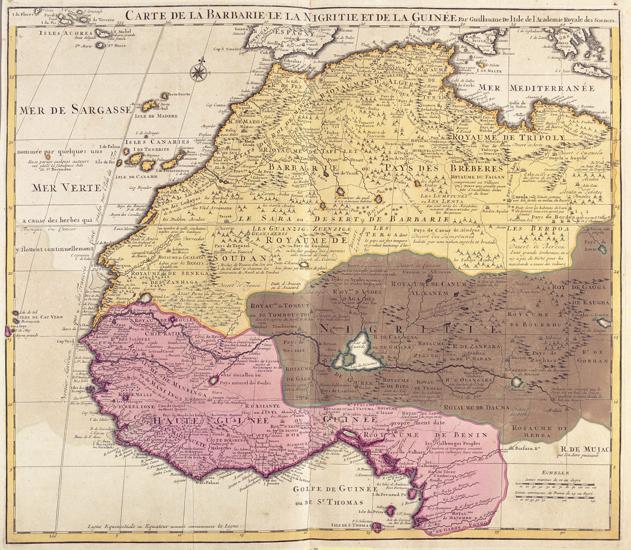 Mapa de Barbaria (Marruecos, Argelia, Túnez, Libia), Nigritude (Mali, Burkina Faso, Níger) y Guinea (Senegal, Guinea, Sierra Leona, Liberia, Costa de Marfil, Ghana, Togo, Benín, Nigeria) (grabado) de Guillaume Delisle