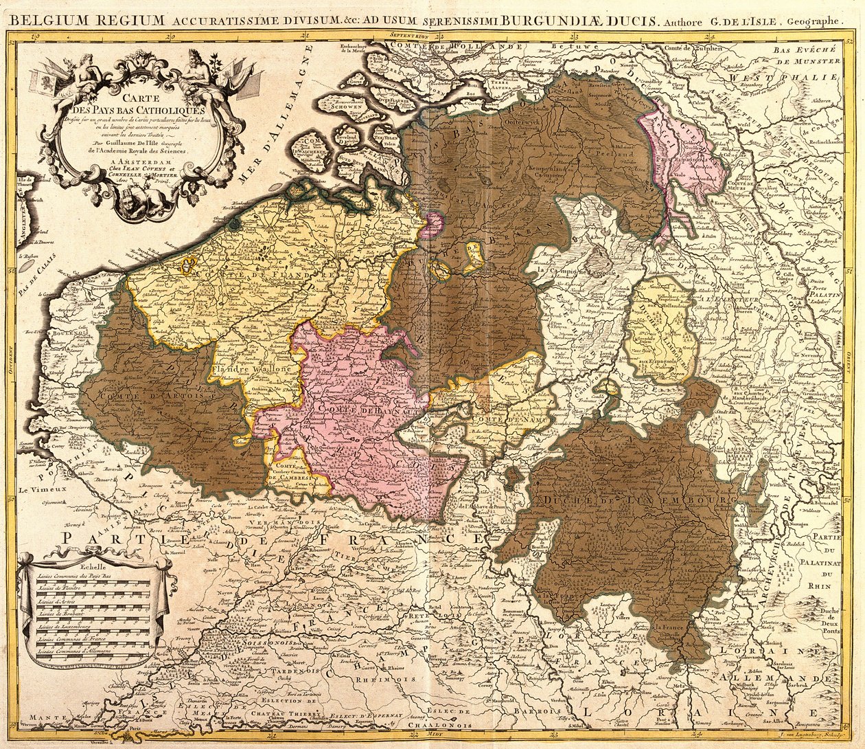Mapa de los Países Bajos Católicos (Bélgica y Luxemburgo) (grabado) de Guillaume Delisle