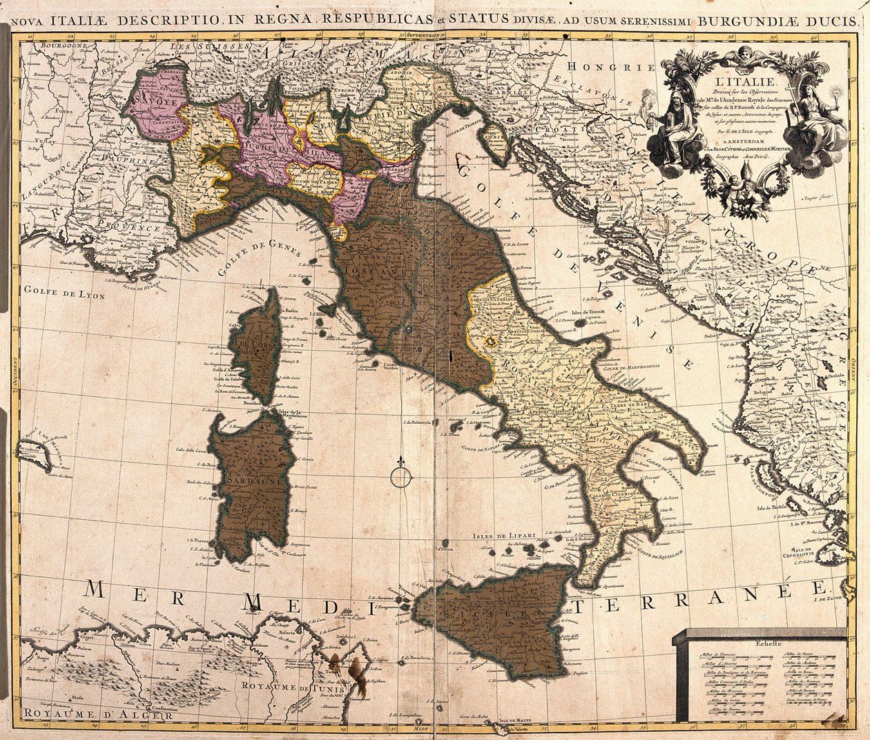 Mapa de Italia, con Córcega, Cerdeña y Sicilia de Guillaume Delisle