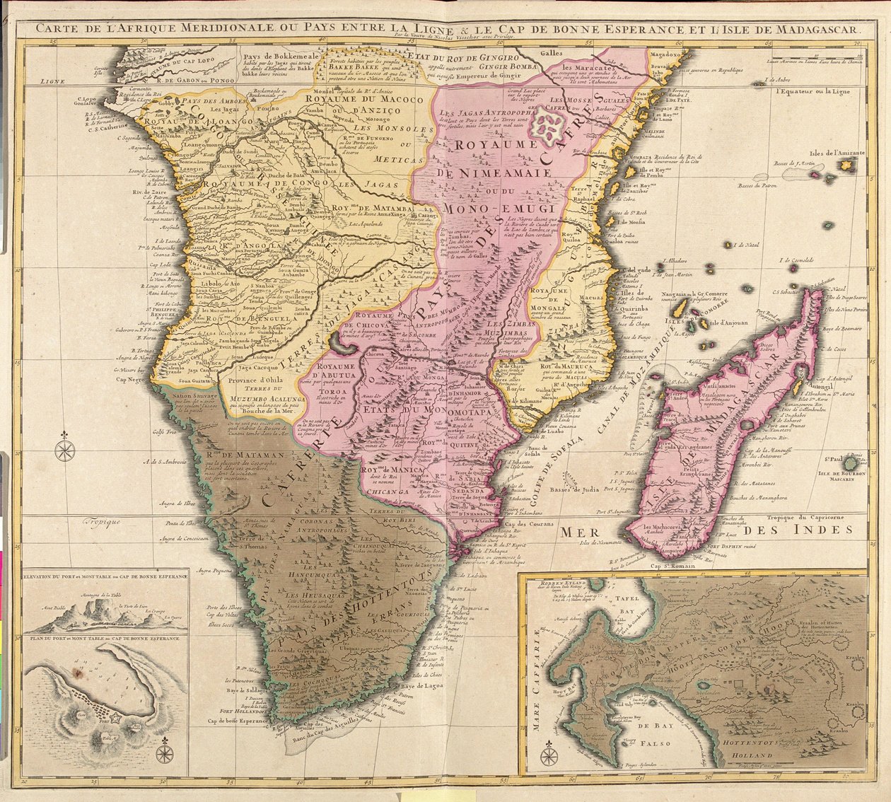Mapa de África Meridional (Angola, Namibia, Zambia, Zimbabue, Mozambique, Sudáfrica) con la isla de Madagascar de Guillaume Delisle