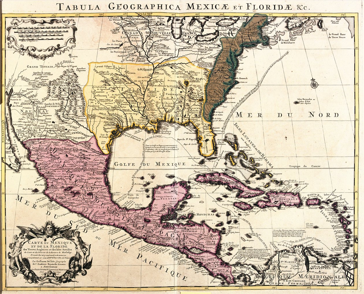 Mapa de México y Florida (EE.UU.) con las Islas del Caribe (Cuba, Haití, Jamaica, Antillas) de Guillaume Delisle