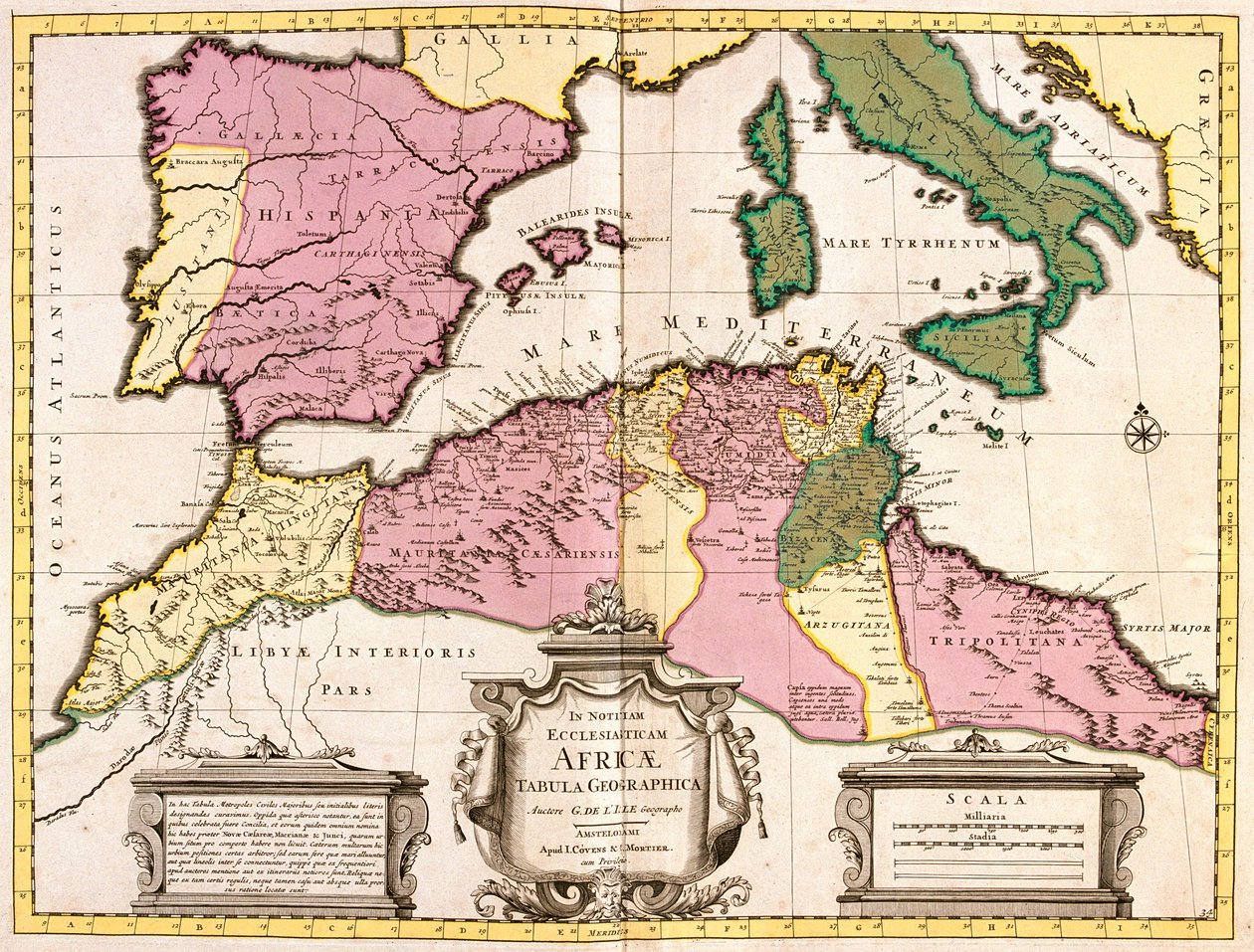 Mapa del Norte de África (Mauritania, Marruecos, Argelia, Túnez, Libia) y Europa (España, Portugal, Francia, Italia, Grecia con las Islas Baleares, Cerdeña, Córcega y Sicilia) (grabado) de Guillaume Delisle
