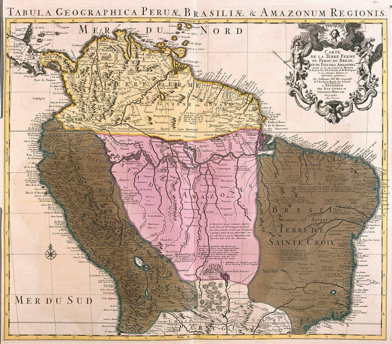 Mapa de Perú, Guyana, Brasil y las regiones del Amazonas de Guillaume Delisle