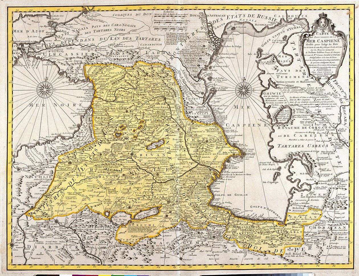 Mapa de los países vecinos del Mar Caspio (Rusia, Armenia, Persia, Kazajistán, Turkmenistán) (grabado) de Guillaume Delisle