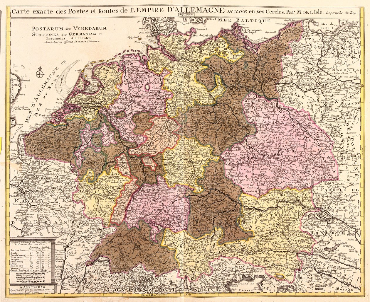 Mapa de caminos y postas de Alemania (grabado) de Guillaume Delisle