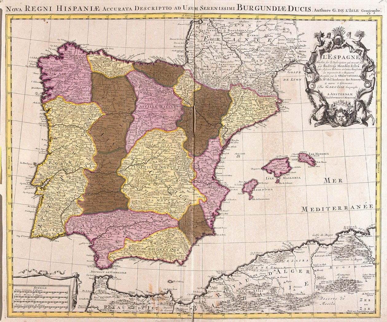 Mapa de la Península Ibérica, Reino de Portugal y España (grabado) de Guillaume Delisle