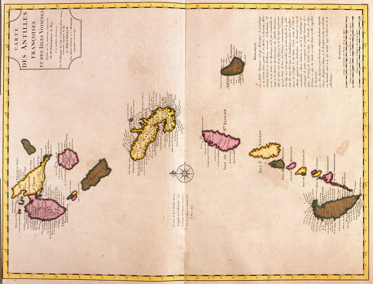Mapas de las Islas del Caribe (Guadalupe, Marie Galante, Dominica, Martinica, Santa Lucía, San Vicente, Barbados, Granadinas y Granada) (grabado) de Guillaume Delisle
