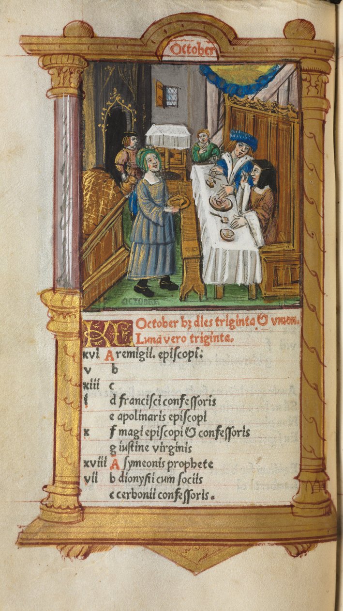 Libro de horas impreso (uso de Roma): fol. 11v, página del calendario de octubre de Guillaume Le Rouge