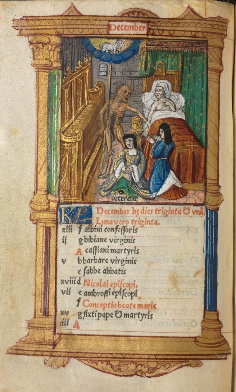 Libro de Horas impreso (Uso de Roma): fol. 13v, página del calendario de diciembre de Guillaume Le Rouge