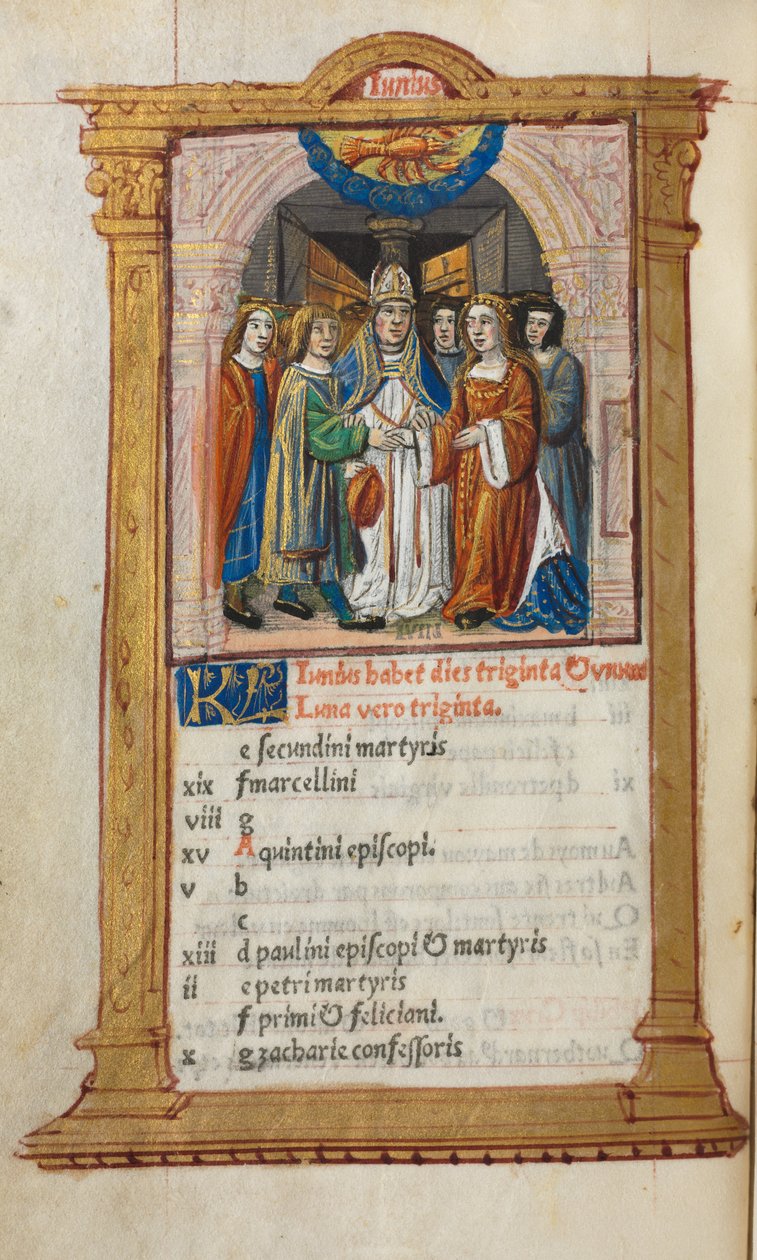 Libro de Horas Impreso Uso de Roma: fol. 7v, ilustración del calendario de junio, 1510 de Guillaume Le Rouge