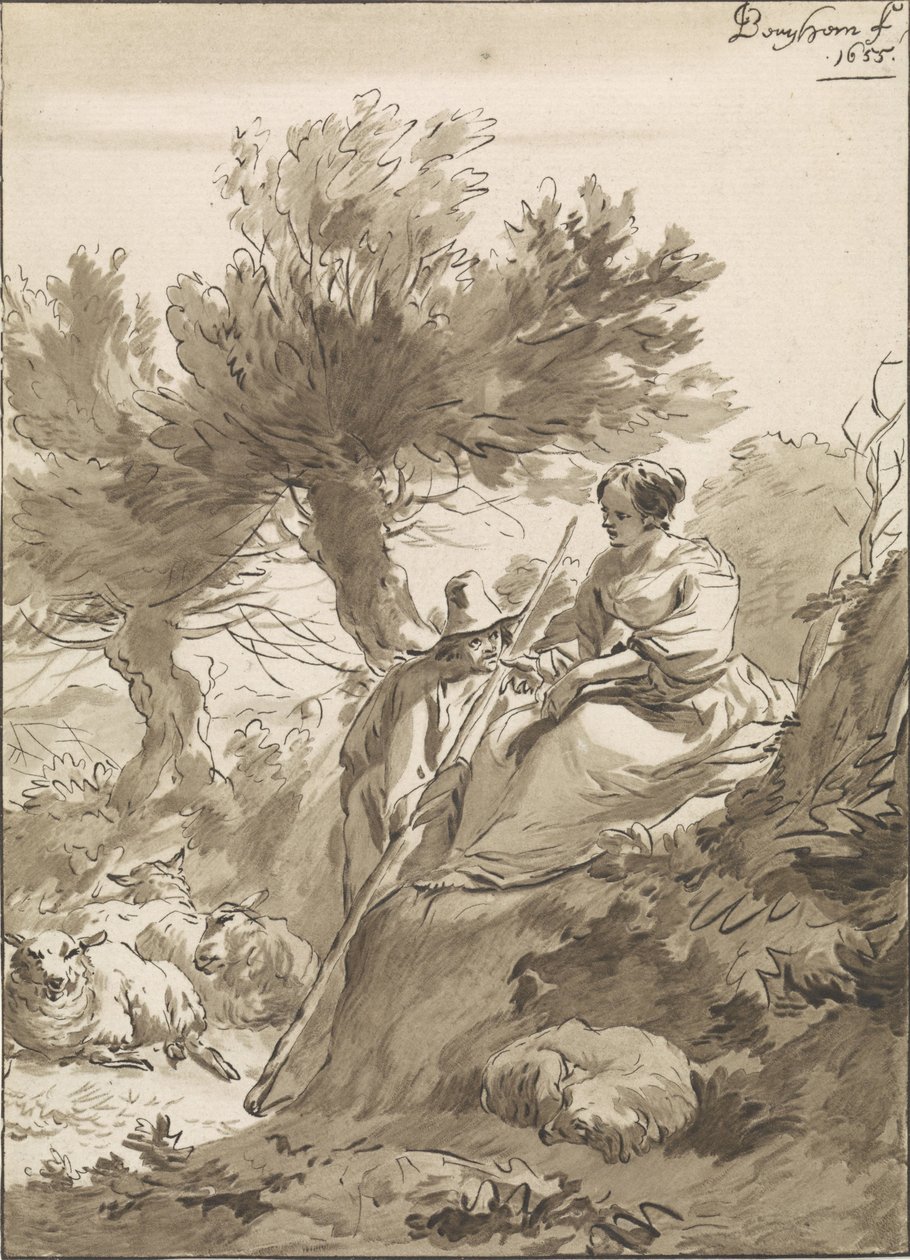Paisaje con pastor y pastora y sus ovejas de Guillaume Saint