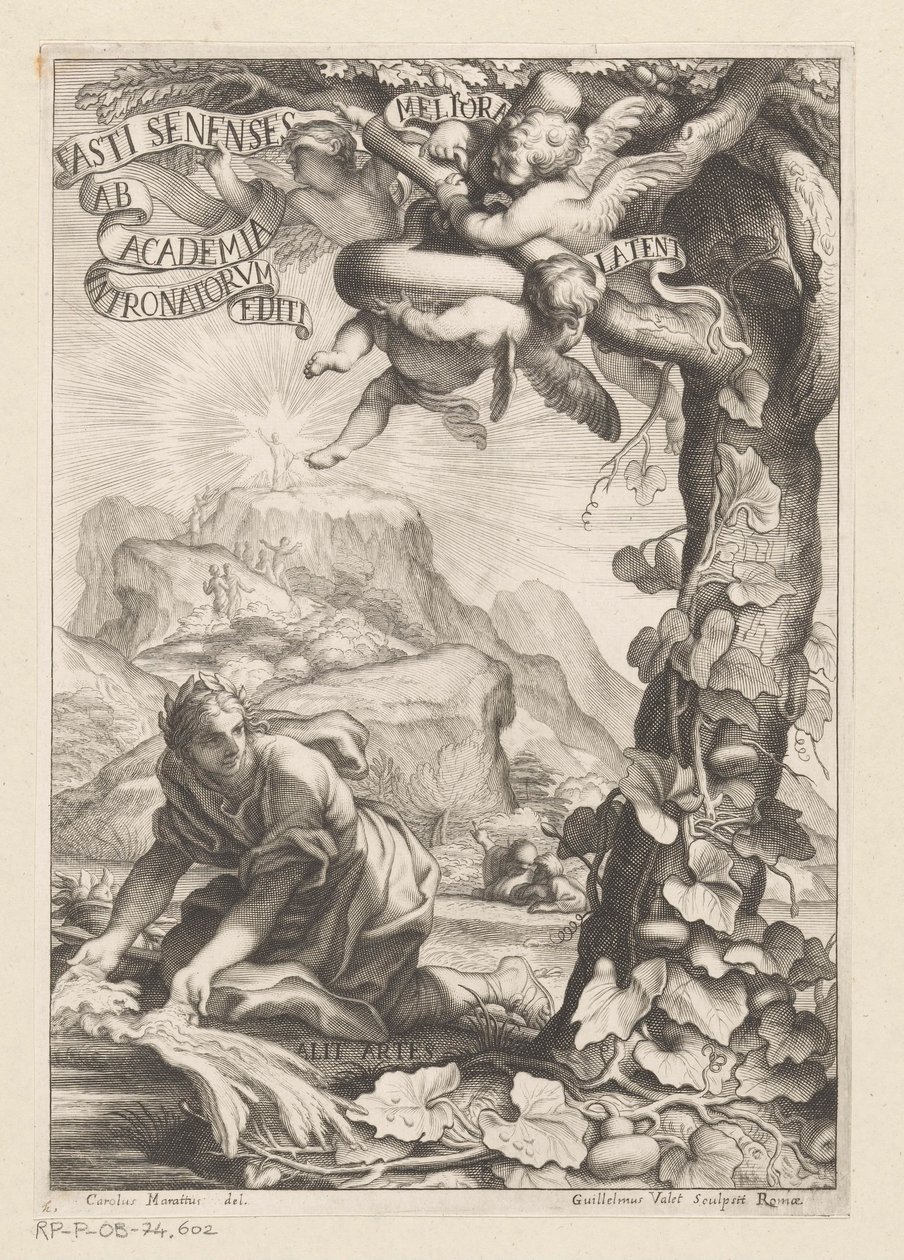 Representación alegórica de una mujer aclamada regando un árbol de calabaza; en el fondo las figuras ascienden una montaña Página de título para: Giovanni Baptista Ferrari, Fasti Senenses, Ab Academia Intronatorum Editi, 1661 de Guillaume Vallet
