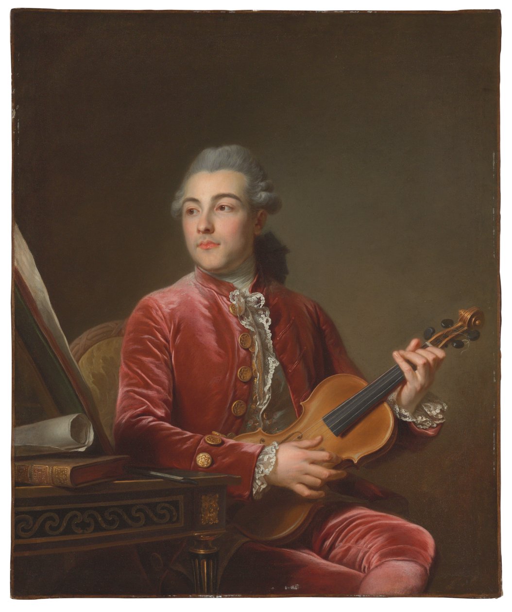 Retrato de un caballero, medio cuerpo, sentado con una chaqueta de terciopelo rojo y un violín de Guillaume Voiriot