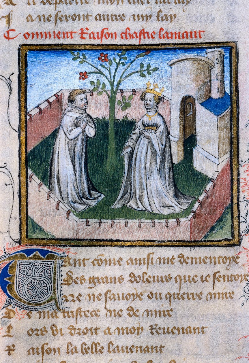 Representación de una pareja de amantes cerca de una rosa, miniatura en "Roman de la Rose" de Guillaume de Lorris