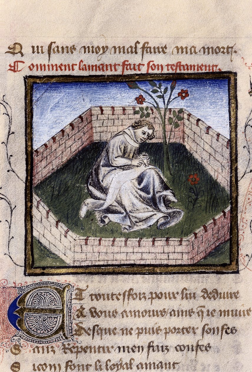 Representación de un joven enamorado en el jardín de las delicias descubriendo la fuente de Narciso, miniatura en "Roman de la Rose" de Guillaume Lorris de Guillaume de Lorris