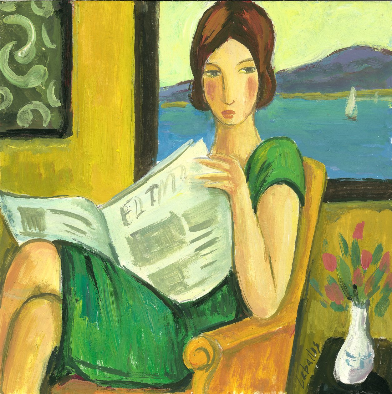 Chica leyendo el periódico, 2013 (gouache sobre papel) de Guillermo Martí Ceballos