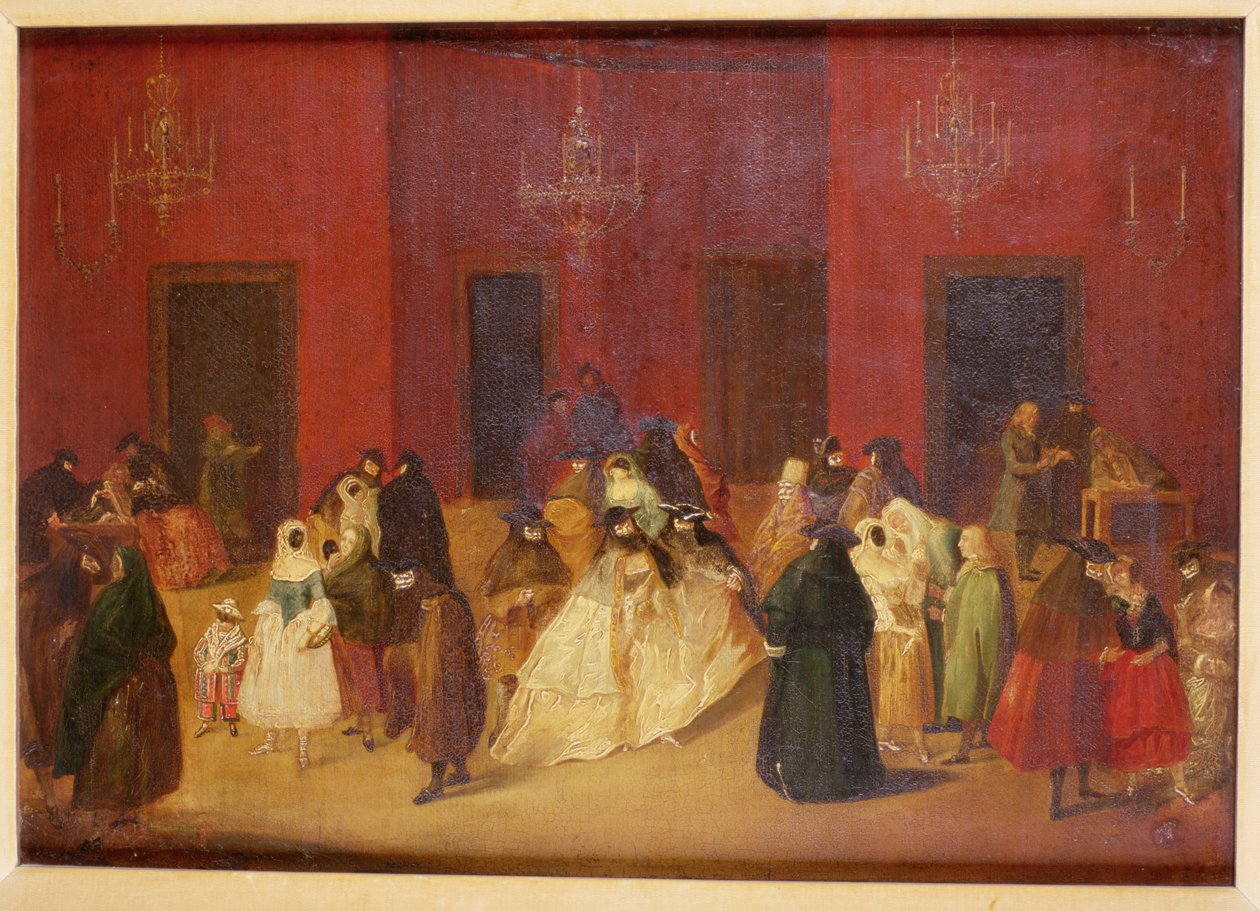 Un baile de máscaras en la Plaza de San Marcos en el Café Florian, Venecia de Guiseppe Ponga