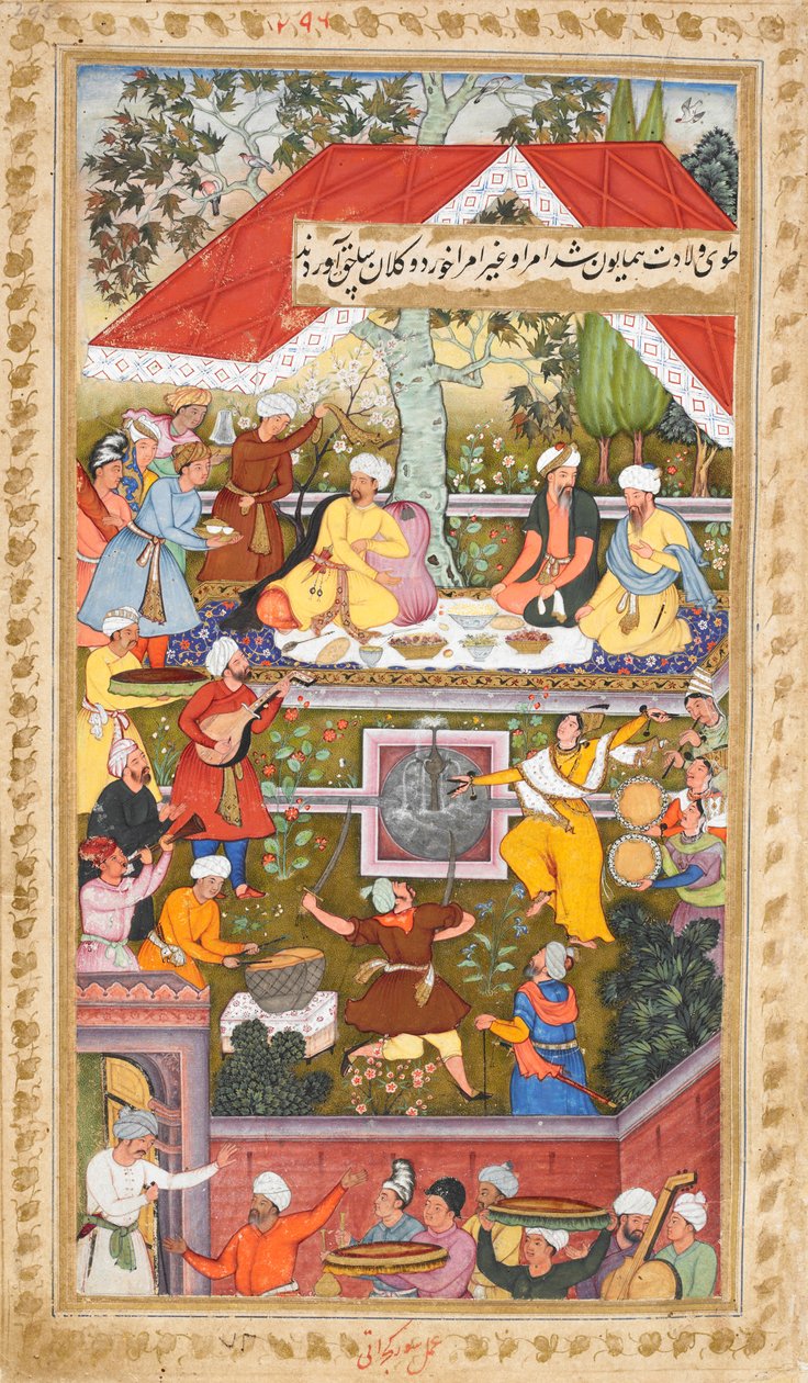 Celebraciones en honor del nacimiento de Humayun en el Chahar Bagh de Kabul (Sur Gujarati), c.1590 (acuarela opaca) de Gujarati Sur