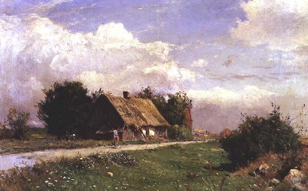 Un paisaje arbolado con figuras junto a una cabaña de Gustaf Fredrik Rydberg