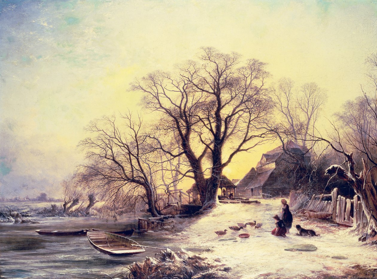 Figuras fuera de una cabaña en invierno de Gustaf Fredrik Rydberg
