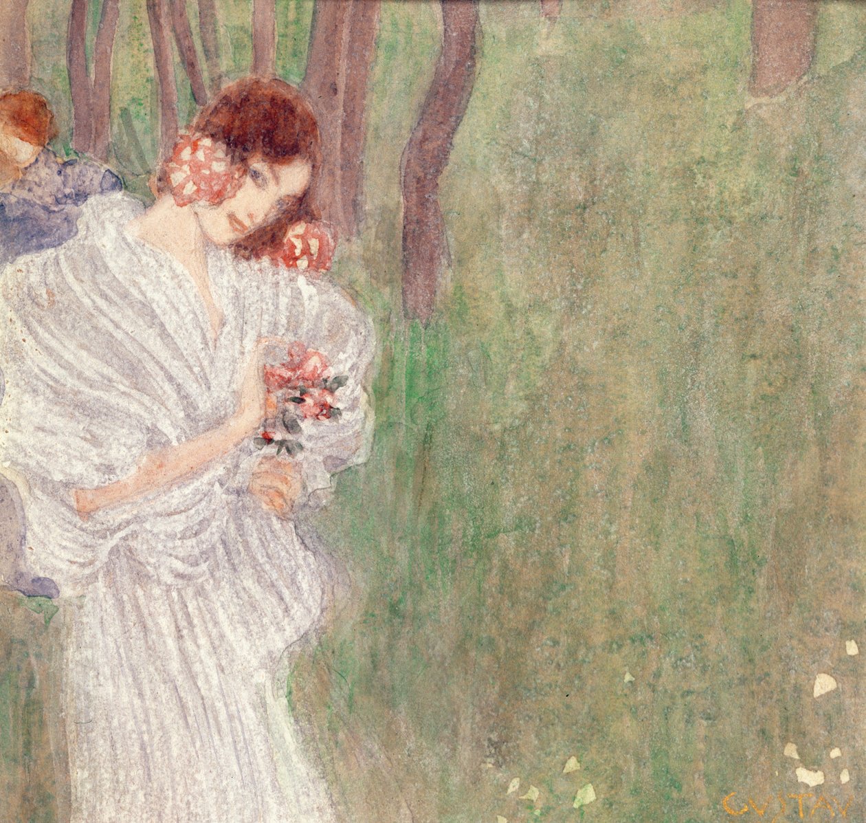 Niña en un Vestido Blanco de Pie en un Bosque de Gustav Klimt