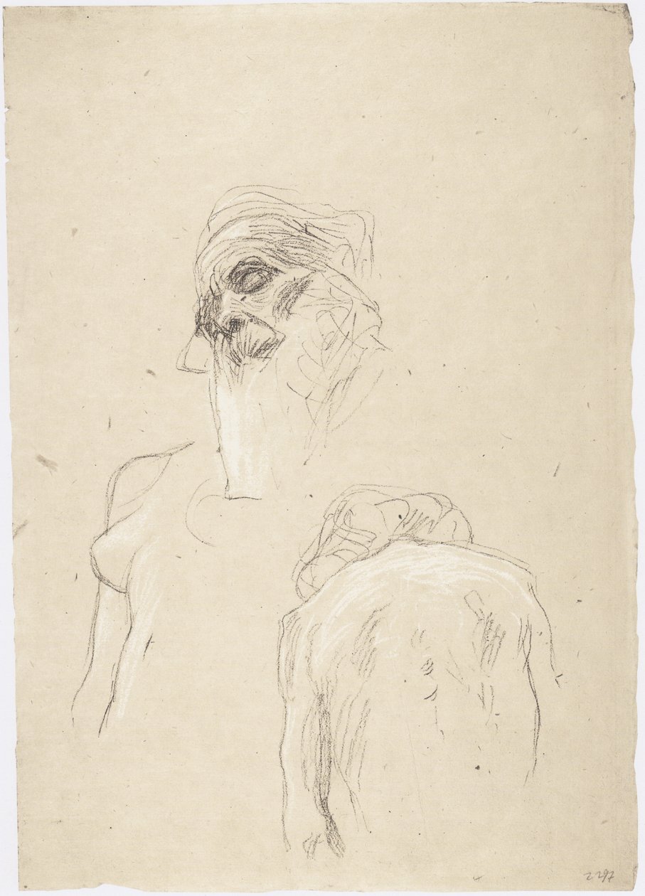 Cabeza de anciano, desnudo femenino sentado de espaldas, lado derecho de un torso femenino de Gustav Klimt