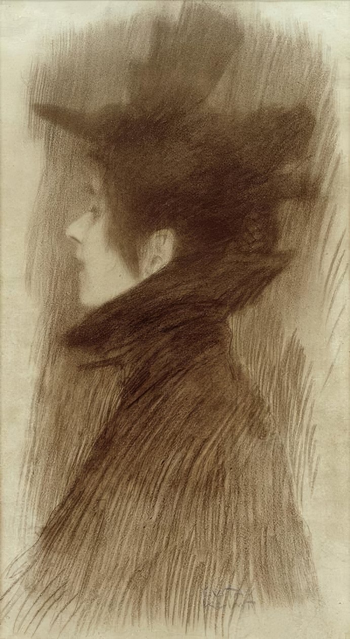 Niña con sombrero y capa de perfil de Gustav Klimt