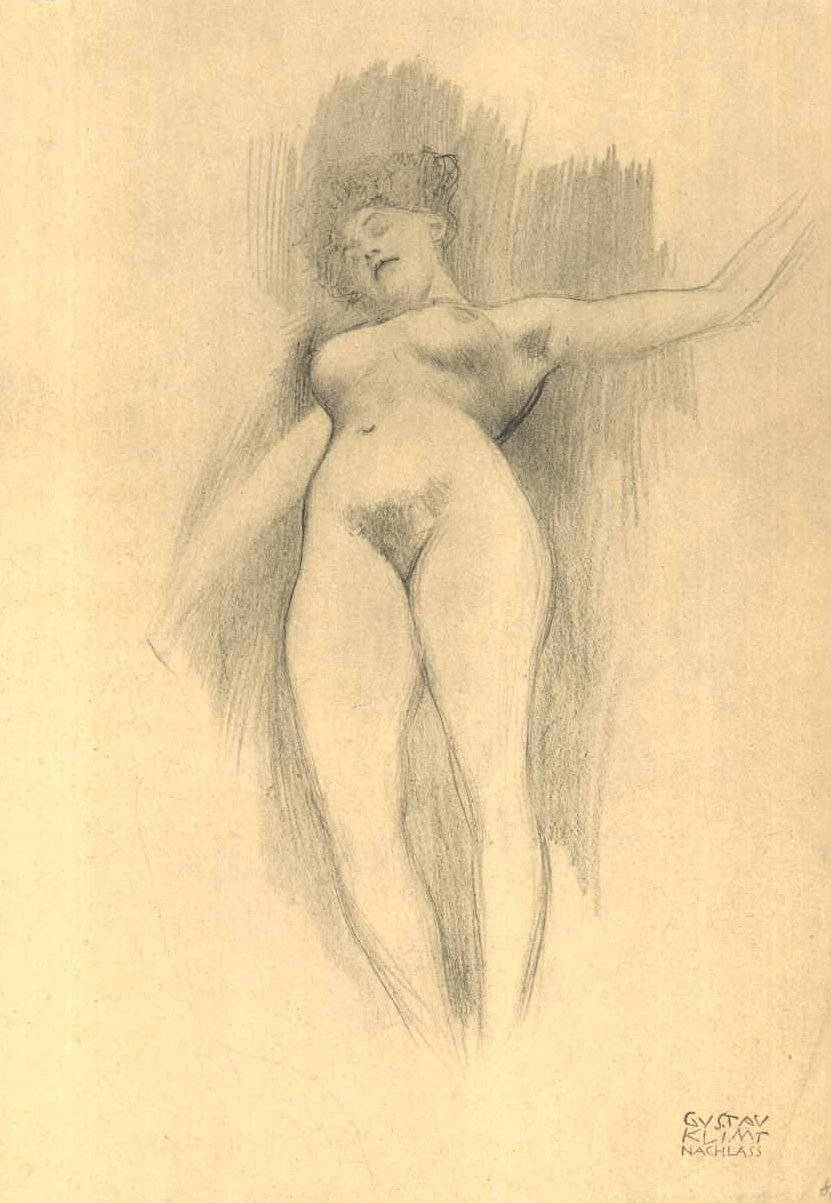 Desnudo flotante frente a fondo oscuro de Gustav Klimt