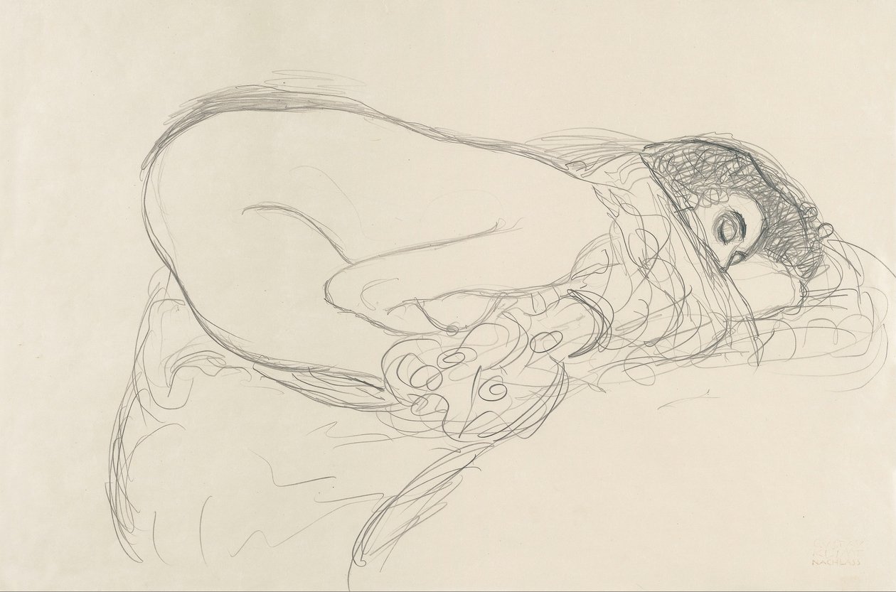 Semidesnudo inclinado hacia adelante (Trabajo preparatorio para la pintura Leda) de Gustav Klimt
