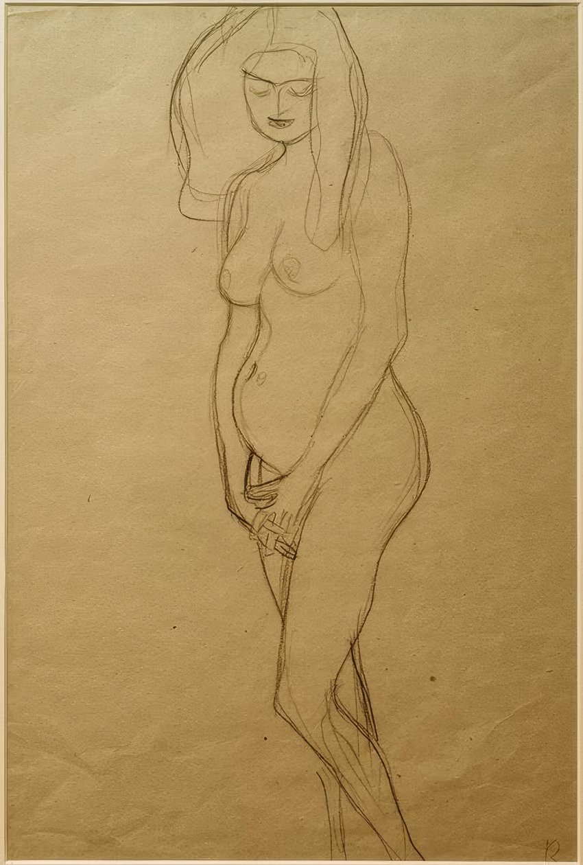 Mujer embarazada desnuda de pie hacia la izquierda, las manos... de Gustav Klimt