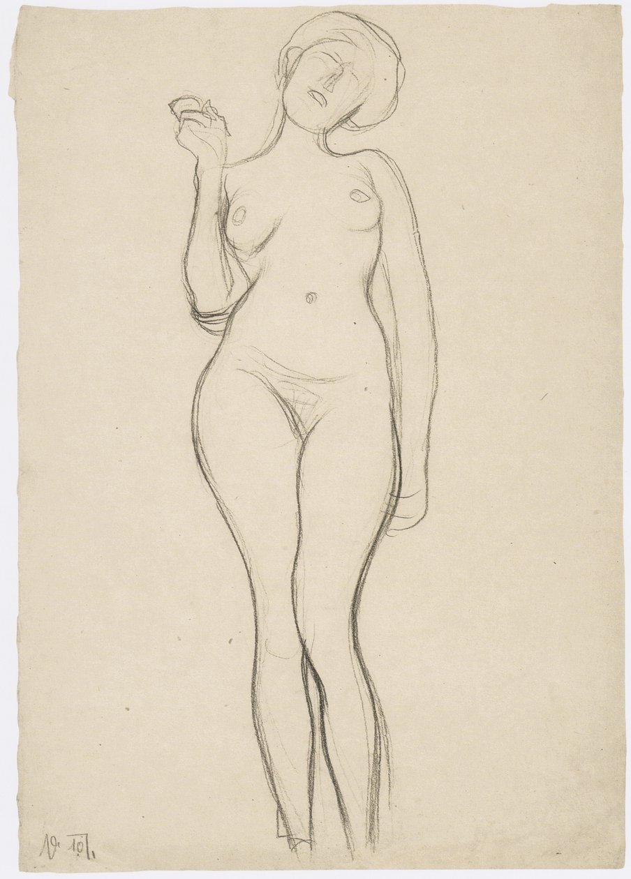 Desnudo femenino de pie de frente con el brazo derecho levantado de Gustav Klimt