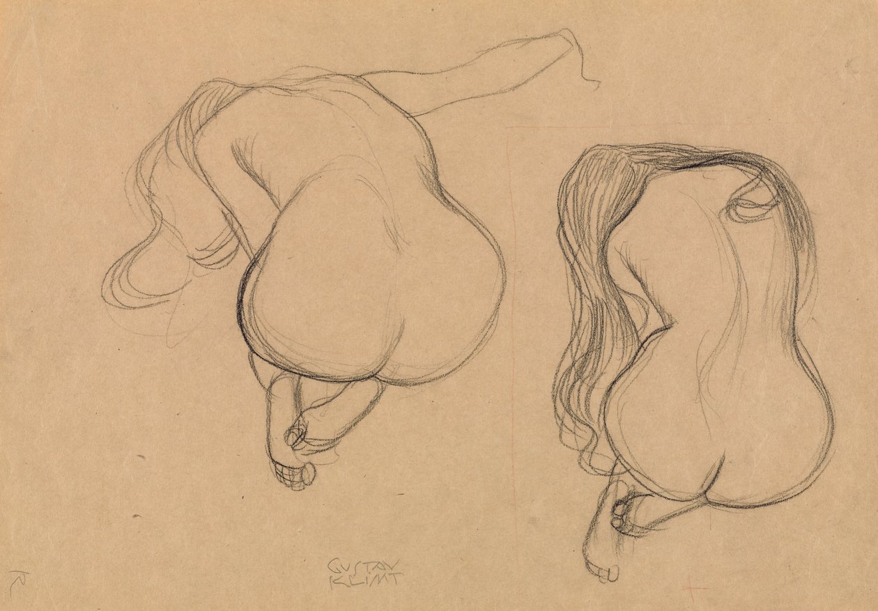 Dos estudios de un desnudo sentado con cabello largo de Gustav Klimt