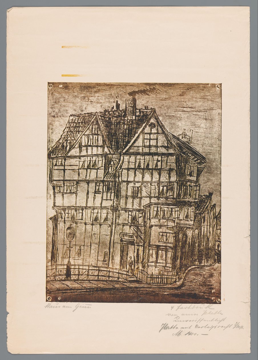 Reproducción de un grabado o dibujo que muestra una vista de una casa antigua, posiblemente en Greiz, Alemania de Gustav Digel (signed by artist)