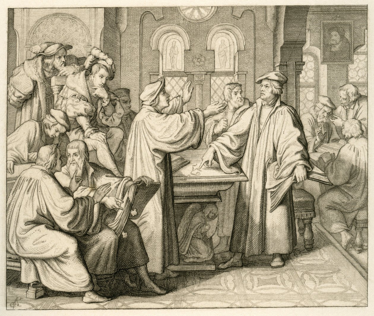 Lutero y Ulrico Zwinglio (1494-1531) discuten sobre el sacramento y no se ponen de acuerdo, en Marburgo 1529 de Gustav Ferdinand Leopold Konig