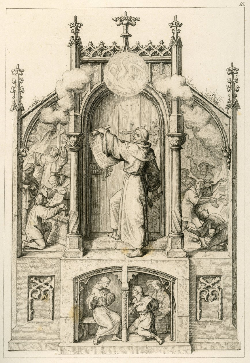 Lutero no quiere dar indulgencias, a la izquierda : Johann Tetzel (1465-1519) está quemando los papeles de Lutero, la imagen principal : Lutero cuelga sus 95 tesis en la puerta de la iglesia de Wittenberg , a la derecha : estudiantes de la universidad de W de Gustav Ferdinand Leopold Konig