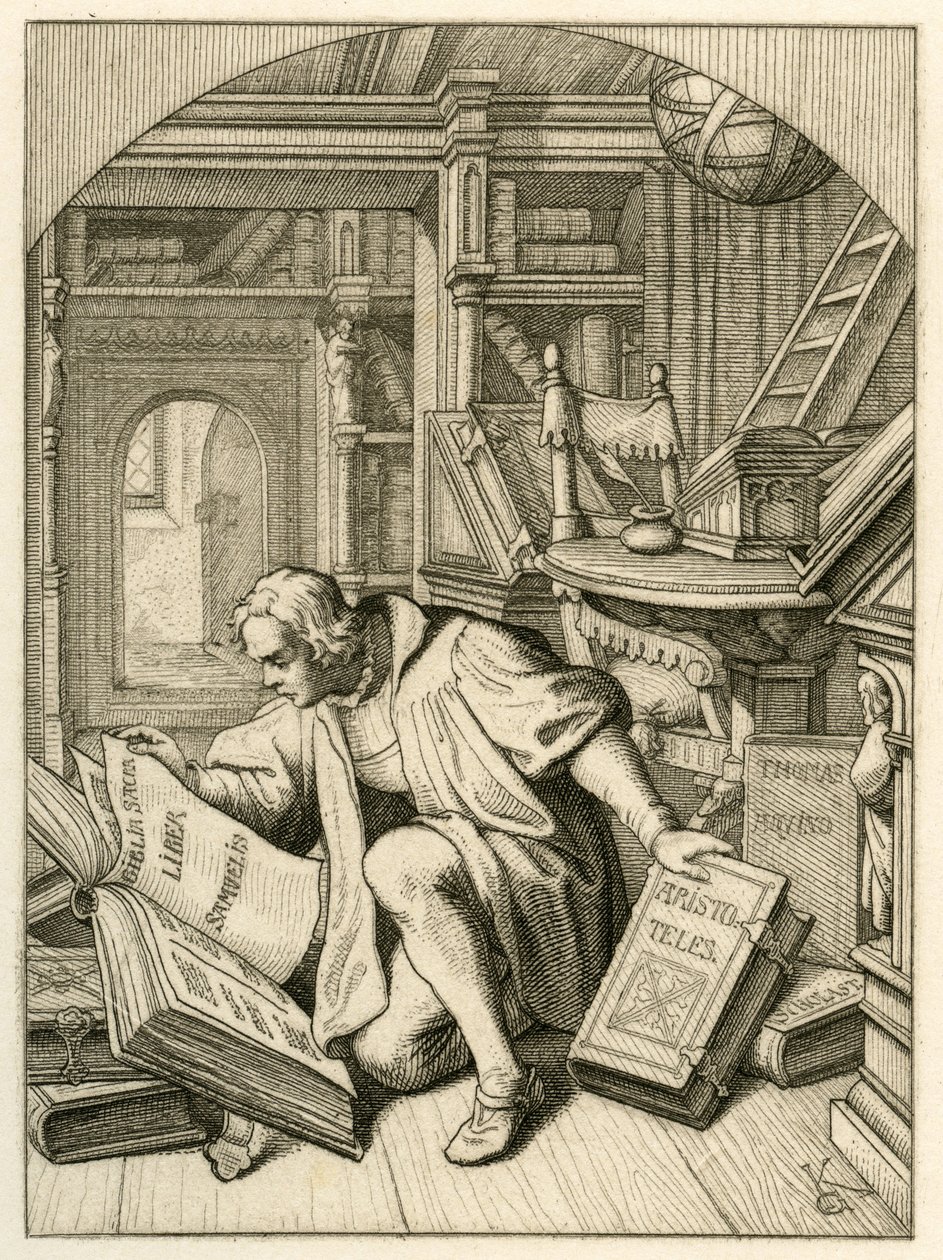 Lutero lee en la biblioteca universitaria de Erfurt. Encuentra una Biblia en latín de Gustav Ferdinand Leopold Konig