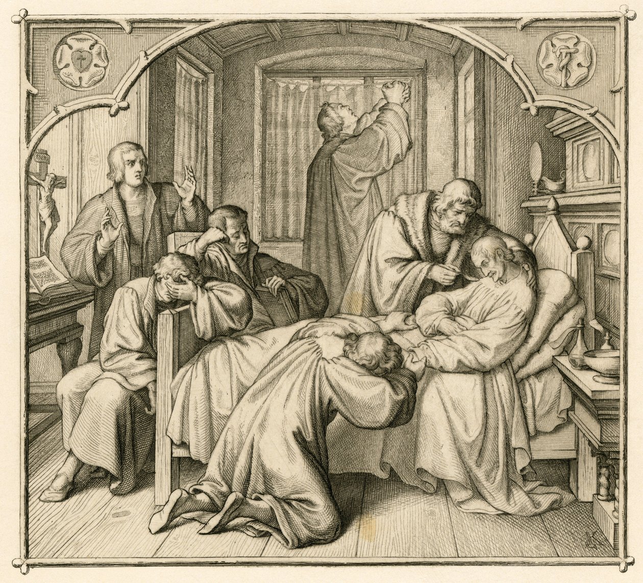 El amigo de Lutero, Philipp (Philippe, Philippus) Melanchthon (1497-1560), está muy enfermo, por lo que Lutero reza para que se recupere. de Gustav Ferdinand Leopold Konig