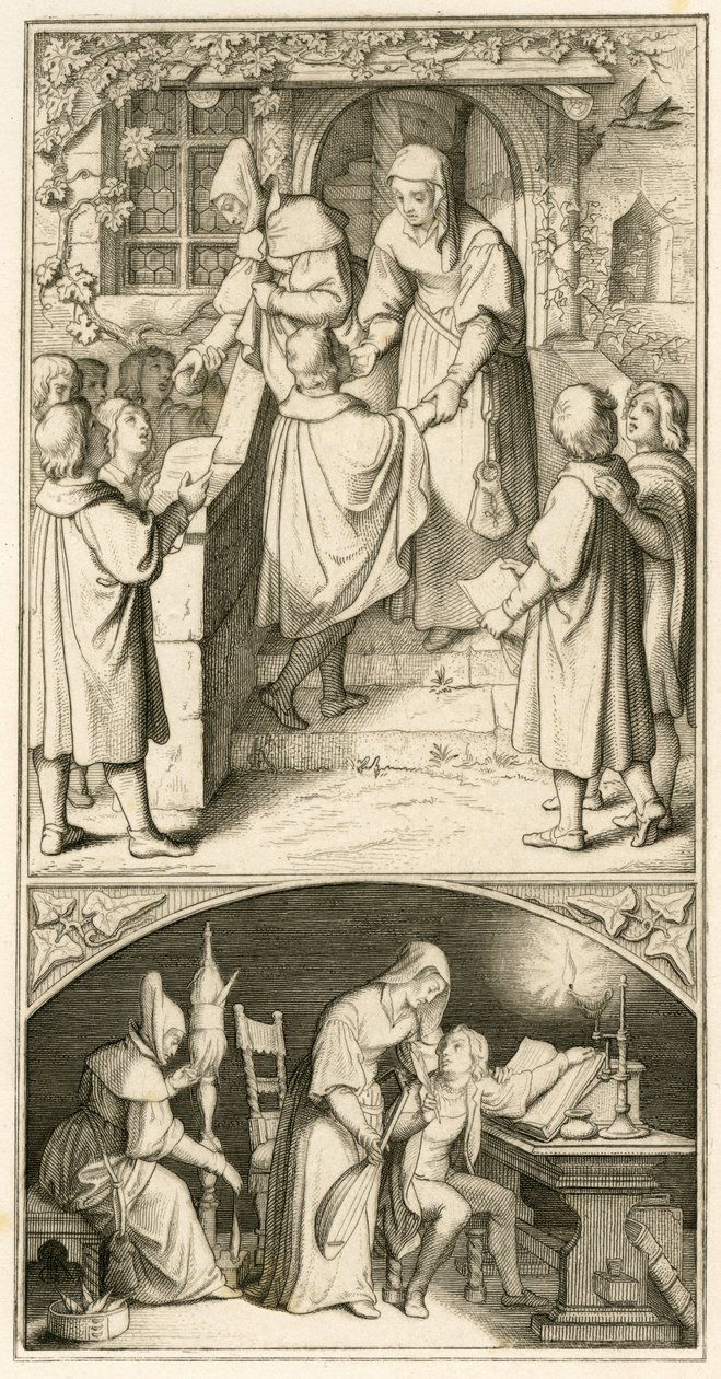 Martín Lutero de escolar, canta ante la puerta de Ursula Cotta en Eisenach por un poco de pan. En esta casa aprenderá a tocar la flauta y el laúd, por lo que el texto original de Gustav Ferdinand Leopold Konig