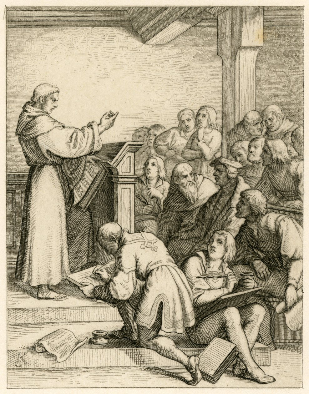 Martín Lutero da conferencias en la universidad de Wittenberg, delante de él el vicerrector Dr. Pollich y su amigo paterno Johann von Staupitz (1460-1524). de Gustav Ferdinand Leopold Konig