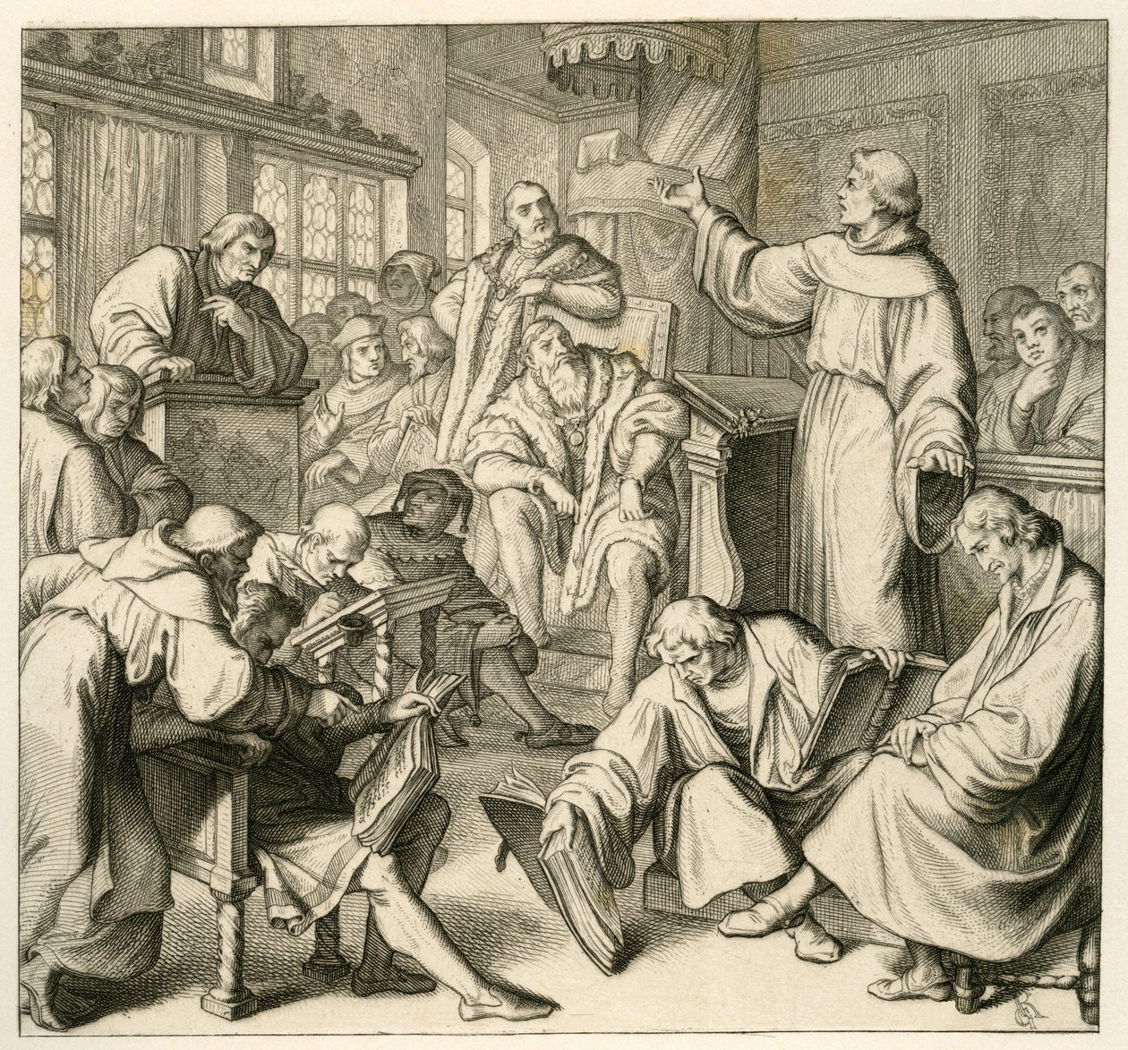 Martín Lutero en discusión con el Dr. Johannes Eck (Johann Maier von Eck) (1486-1543), del lado de Lutero están Philipp Melanchthon (1497-1560)y Karlstadt (Andreas Rudolf Bodenstein von Karlstadt de Gustav Ferdinand Leopold Konig